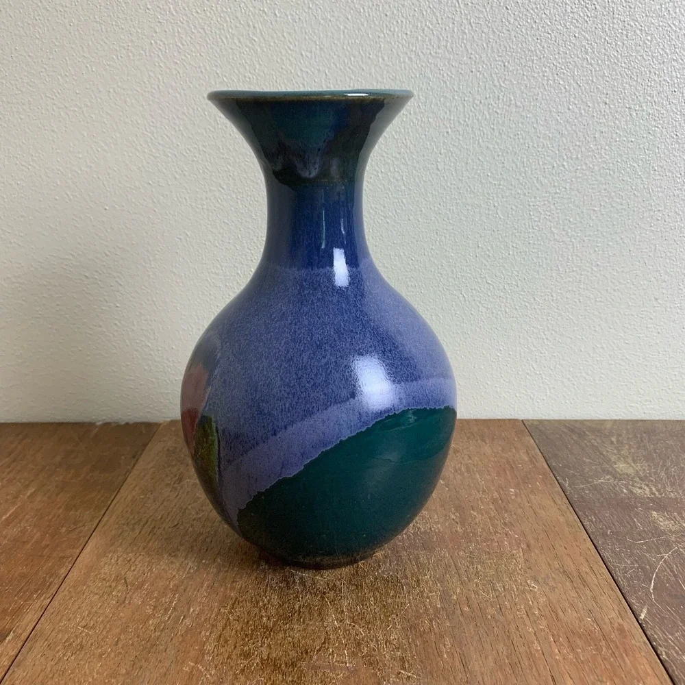 Vintage‎ Handmade Ceramic Green Lavender Blue Floral Glaze Vase SIGNED